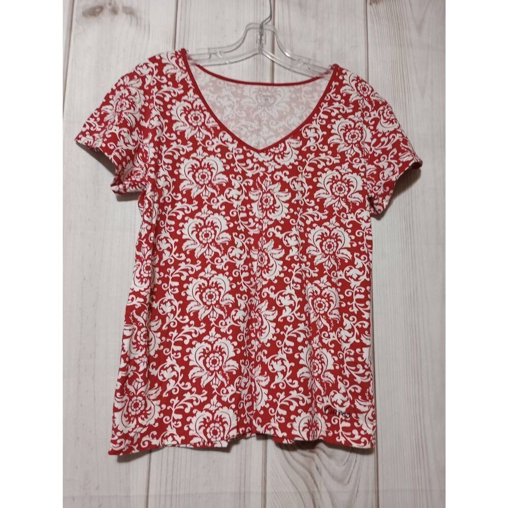 Curves Red Floral V-Neck‎ Short Sleeve Top